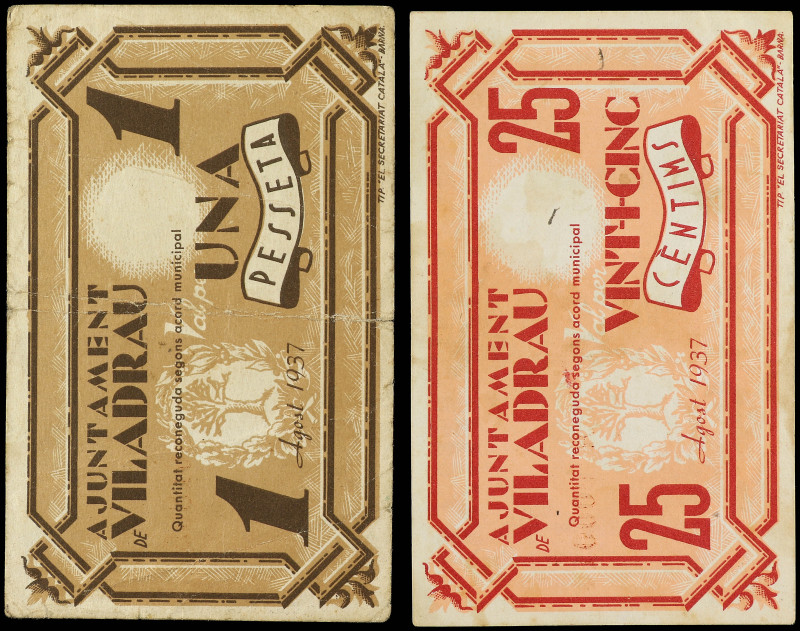 Lote 2 billetes 25 Cèntims y 1 Pesseta. Agost 1937. Aj. de VILADRAU. AT-2777/78....