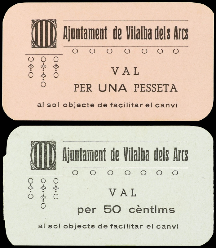 Lote 2 billetes 50 Cèntims y 1 Peseta. Aj. de VILALBA DELS ARCS. ESCASOS. AT-279...