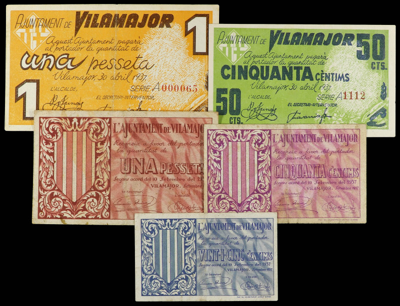 Lote 5 billetes 25, 50 Cèntims (2) y 1 Pesseta (2). Abril y Setembre 1937. Aj. d...