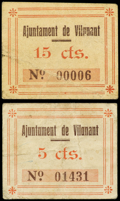 Lote 2 billetes 5 y 15 Cèntims. Aj. de VILANANT. Carton. RAROS. AT-2817a, 2818b....