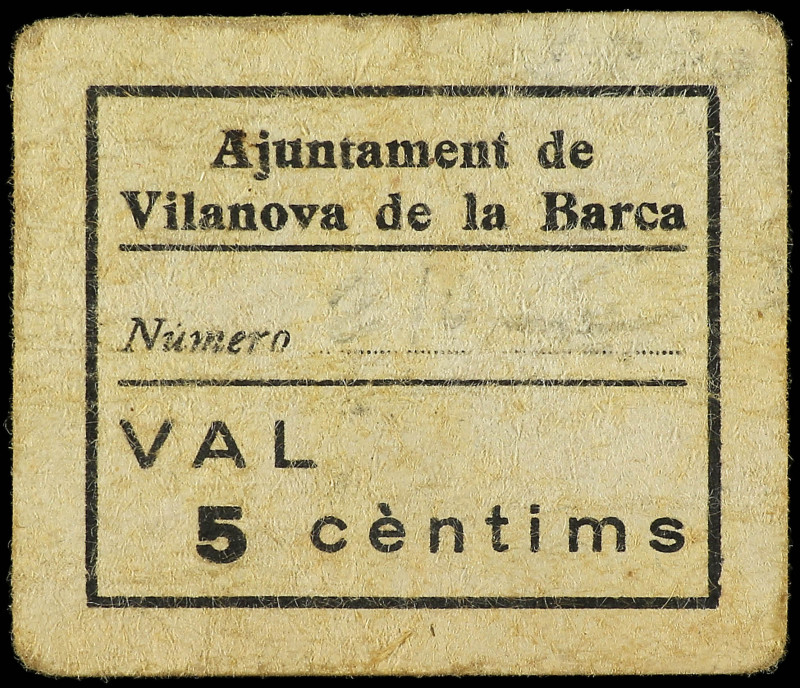 5 Cèntims. Aj. de VILANOVA DE LA BARCA. Cartón. Al dorso tampón del Ayuntamiento...