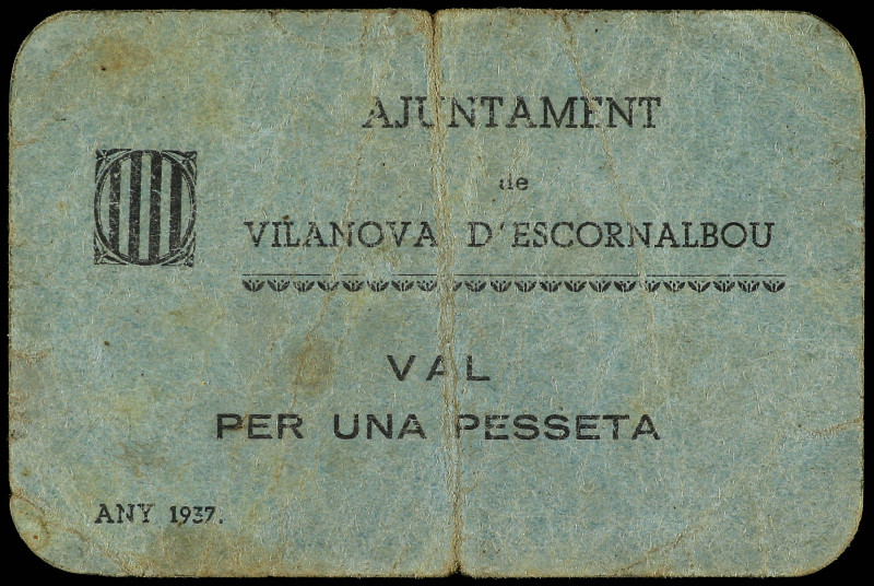 1 Pesseta. 1937. Aj. de VILANOVA D´ESCORNALBOU. (Pequeñas roturas). AT-2840. MBC...