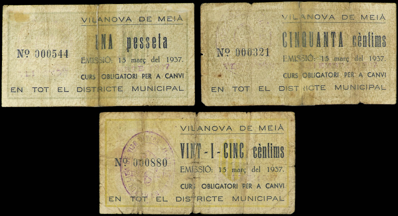 Lote 3 billetes 25, 50 Cèntims y 1 Pesseta. 15 Març 1937. Aj. de VILANOVA DE MEI...