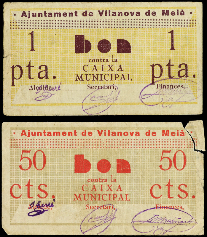 Lote 2 billetes 50 Cèntims y 1 Peseta. 12 Setembre 1937. Aj. de VILANOVA DE MEIÀ...