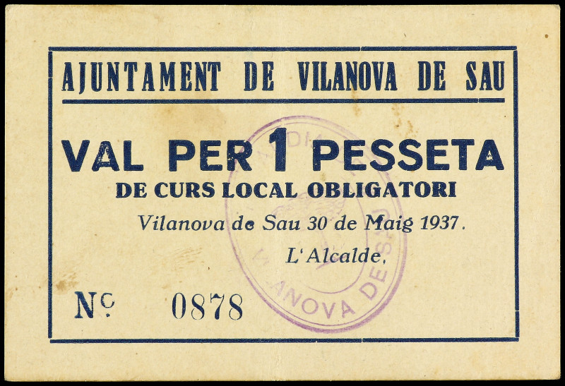 1 Pesseta. 30 Maig 1937. Aj. de VILANOVA DE SAU. (Leves manchitas). MUY ESCASO. ...