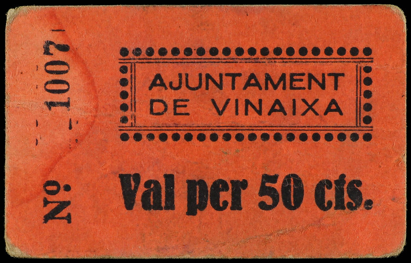 50 Cèntims. Aj. de VINAIXA. Cartón. (Mancha de humedad). RARO. AT-2909. MBC+.