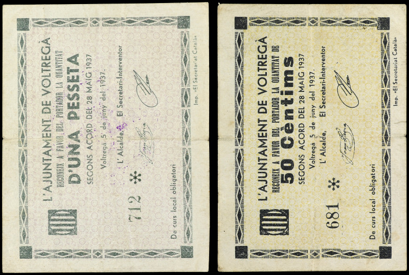 Lote 2 billetes 50 Cèntims y 1 Pesseta. 5 Juny 1937. Aj. de VOLTREGÀ. AT-2914/15...