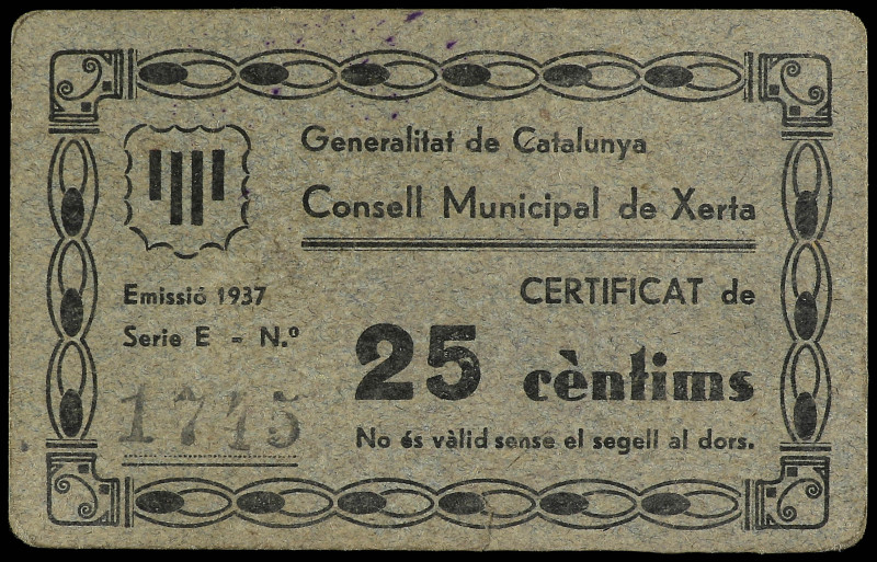 25 Cèntims. 1937. C.M. de XERTA. Cartón. MUY ESCASO. AT-2921. EBC.