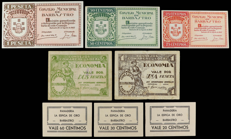 Lote 5 billetes y 3 cartones. BARBASTRO (Huesca). Consejo Municipal: 25, 50 cént...