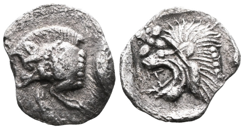 Greek coins Mysia, Cyzicus Obol circa 450, AR . Forepart of boar l., behind, tun...