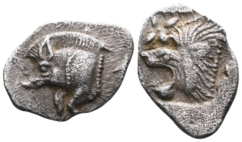 Greek coins Mysia, Cyzicus Obol circa 450, AR . Forepart of boar l., behind, tun...