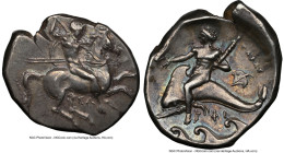 CALABRIA. Tarentum. Ca. 302-280 BC. AR didrachm (21mm, 7.84 gm, 1h). NGC Choice XF 4/5 - 5/5. Sa- and Phi-, magistrates. Warrior on horseback rearing ...