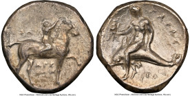 CALABRIA. Tarentum. Ca. 302-280 BC. AR didrachm (20mm, 7.70 gm, 12h). NGC Choice XF 5/5 - 2/5, brushed. Arethon, Sa- and Sas-, magistrates. ΑΡΕ / ΘΟΝ,...