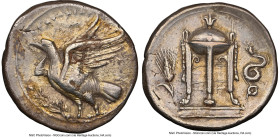 BRUTTIUM. Croton. Ca. 350-300 BC. AR stater (23mm, 7.59 gm, 5h). NGC XF 5/5 - 3/5, brushed, overstruck. KPOTΩNIATAN, eagle standing left on olive bran...