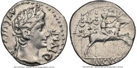 Augustus (27 BC-AD 14). AR denarius (19mm, 3.42 gm, 2h). NGC Choice VF 4/5 - 3/5. Lugdunum, 8 BC. AVGVSTVS-DIVI•F, laureate head of Augustus right / C...