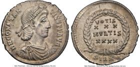 Constantius II (AD 337-361). AR heavy siliqua (21mm, 3.20 gm, 7h). NGC Choice AU 5/5 - 3/5, brushed, marks. Sirmium, AD 351-355. D N CONSTAN-TIVS P F ...