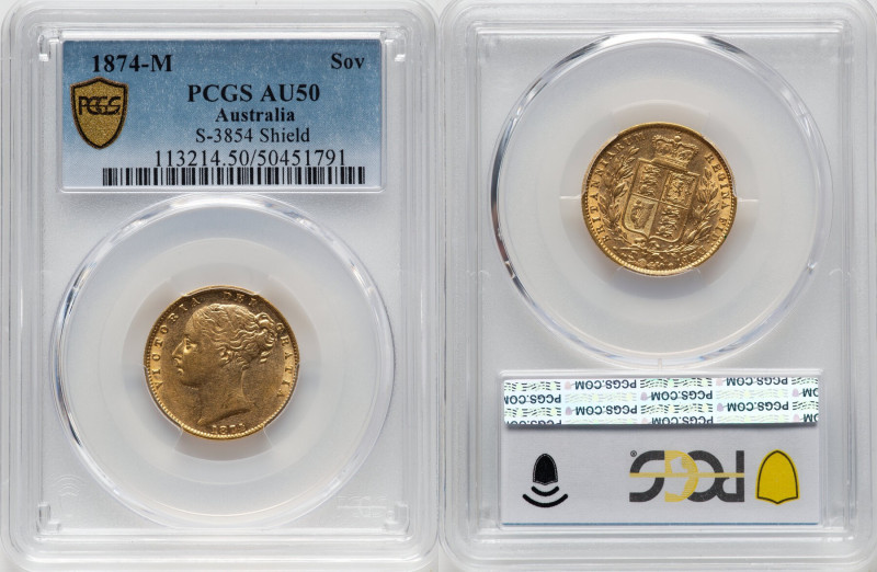 Victoria gold "Shield" Sovereign 1874-M AU50 PCGS, Melbourne mint, KM6, S-3854. ...