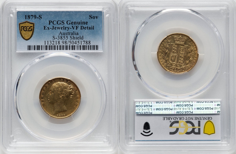 Victoria gold "Shield" Sovereign 1879-S VF Details (Ex. Jewelry) PCGS, Sydney mi...