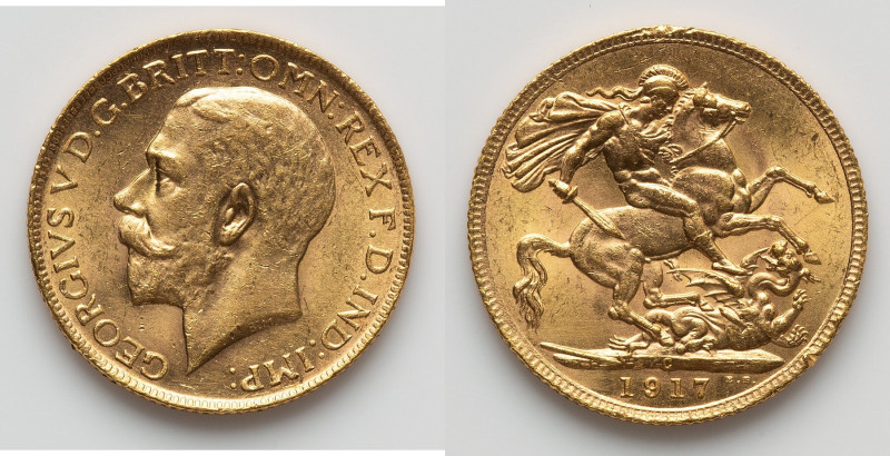 George V gold Sovereign 1917-C AU, Ottawa mint, KM20, S-3997. 22mm. 8.0gm. HID09...