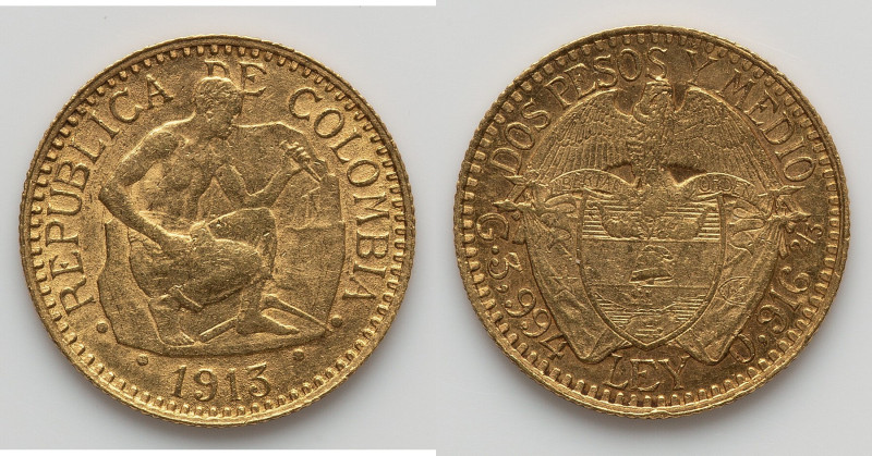 Republic gold 2-1/2 Pesos 1913 XF, KM194. Coin alignment. 19.3mm. 4.0gm HID09801...