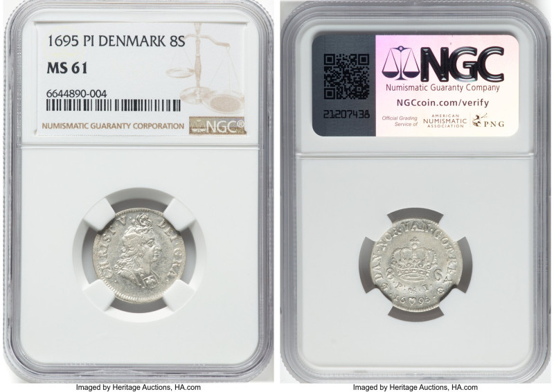 Christian V 8 Skilling 1695-PI MS61 NGC, Copenhagen mint, KM465. "DEI GRA" in le...