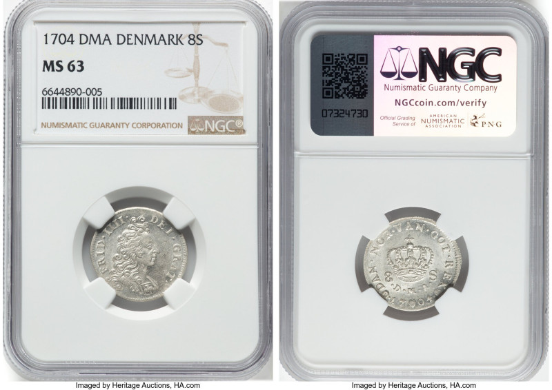 Frederick IV 8 Skilling 1704-DMA MS63 NGC, Copenhagen mint, KM470. Virtually unt...