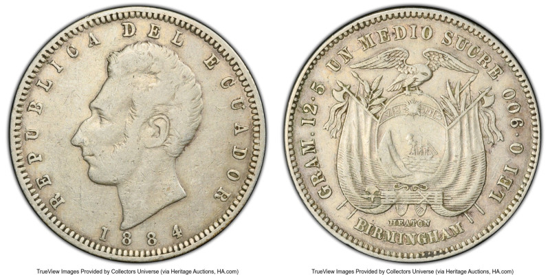 Republic 1/2 Sucre 1884-HEATON VF Details (Cleaned) PCGS, Heaton mint, KM52. HID...