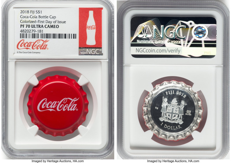 Republic silver Colorized Proof "Coca-Cola Bottle Cap" Dollar 2018 PR70 Ultra Ca...