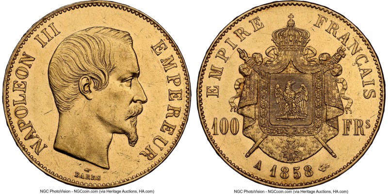 Napoleon III gold 100 Francs 1858-A AU58 NGC, Paris mint, KM786.1. HID0980124201...