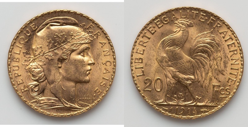 Republic gold 20 Francs 1914 AU, Paris mint, KM857, F-535/8. 21.1mm. 6.4gm. HID0...