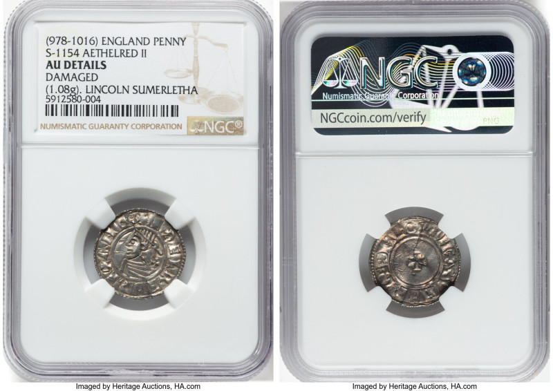 Kings of All England. Aethelred II Penny ND (978-1016) AU Details (Damaged) NGC,...