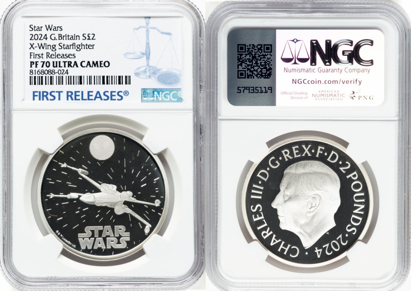 Charles III silver Proof "X-Wing Starfighter" 2 Pounds (1 oz) 2024 PR70 Ultra Ca...