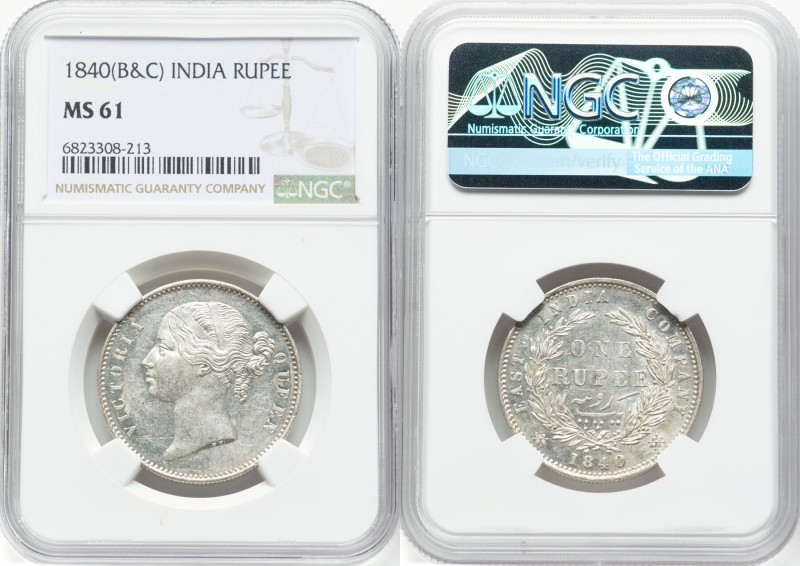 British India. Victoria Rupee 1840-(b & c) MS61 NGC, Calcutta mint, KM458.2. HID...