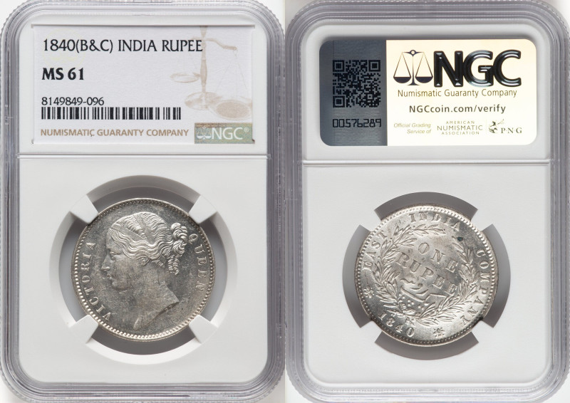 British India. Victoria Pair of Certified Rupees 1840-(b & c) MS61 NGC, Calcutta...