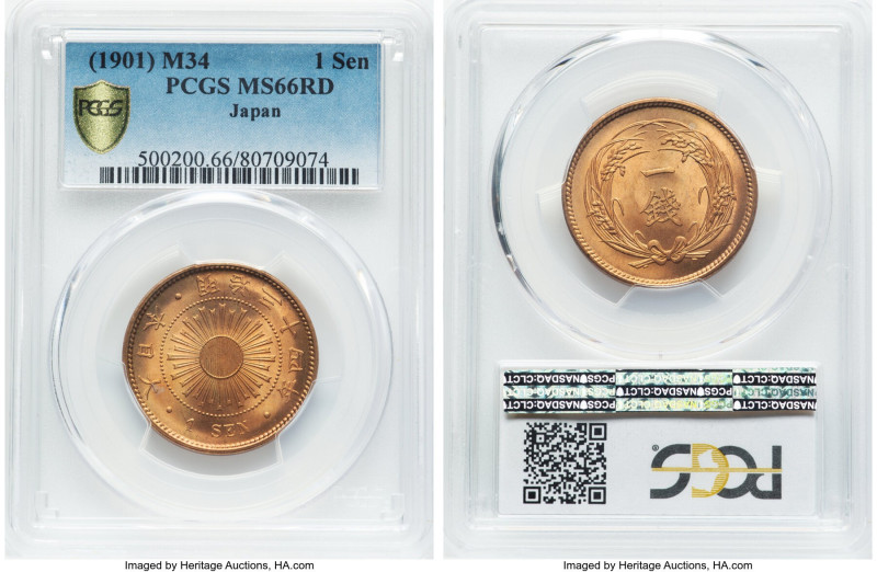 Pair of Certified 1 Sen Issues PCGS, 1) Meiji Sen Year 34 (1901) - MS66 Red, KM-...