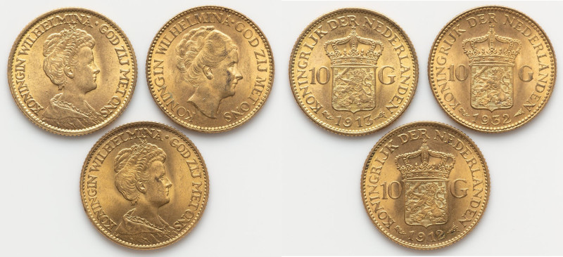 Wilhelmina 3-Piece Lot of Uncertified gold 10 Gulden AU, Utrecht mint, KM162, Fr...