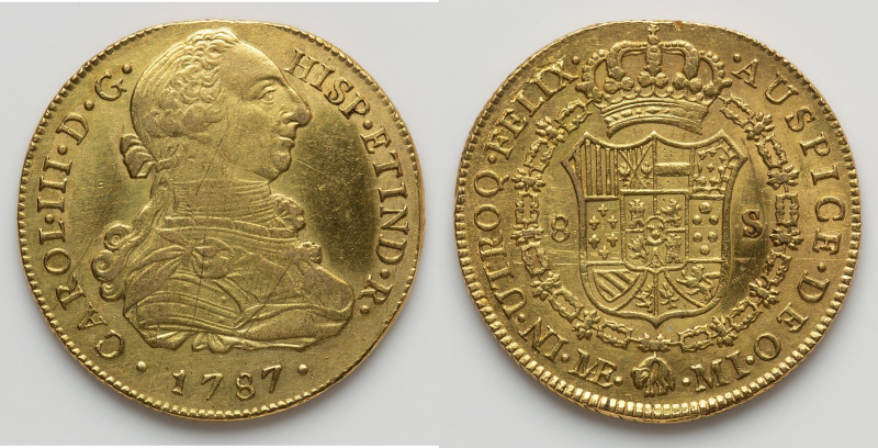 Charles III gold 8 Escudos 1787 LM-MI XF (Scratches), Lima mint, KM82.1a, Fr-32....