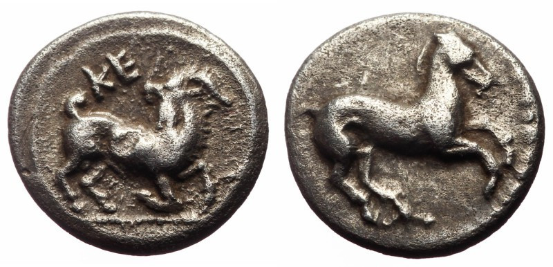 Obol AR
Cilicia, Kelenderis, 3rd century BC, Horse rearing right / KE, Goat kne...