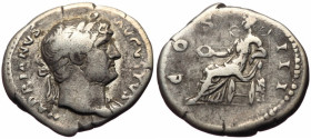 Denarius AR
Hadrian (117-138), Rome, 125-128, HADRIANVS – AVGVSTVS Laureate head r., with drapery on l. Shoulder / COS – III, Concordia seated l., ho...