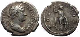 Denarius AR
Hadrian (117-138) , Rome, 128-129, HADRIANVS AVGVSTVS P P, laureate, draped and cuirassed bust to right / COS III, Minerva standing facin...