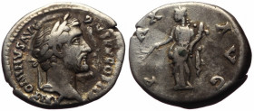 Denarius AR
Antoninus Pius (138-161), Rome, 140-143, ANTONINVS AVG PIVS P P COS III, laureate head of Antoninus Pius right / PAX AVG, Pax, draped, st...