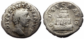 Denarius AR
Divus Antoninus Pius (died 161), Rome, under Marcus Aurelius and Lucius Verus, 161, DIVVS ANTONINVS, bare head of Antoninus right / CONSE...