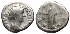 Denarius AR
Diva Faustina I (Died 140/1), Rome, AD 141, DIVA FAVSTINA Draped bust of Faustina r., hair elaborately waved and arranged in round coil d...