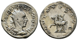 Antoninianus AR
Traianus Decius. 249-251 AD, Rome, IMP C M Q TRAIANVS DECIVS AVG, radiate and cuirassed bust right / ADVENTVS AVG, Trajan Decius on h...