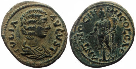 Pisidia, Antioch AE (Bronze, 6.44g, 25mm) Julia Domna (Augusta, 193-217), IVLIA AVGVSTA; Draped bust, right / ANTIOCH GE/NI COL CAES; Tyche standing l...