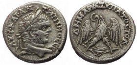 Tetradrachm AR
Phoenicia, Berytus AR Tetradrachm, Caracalla (198-217) / •AYT•KAI•ANTWNINOC CЄ•Laureate head right / ΔHMAΡX EΞ ΥΠATOC TO Δ, eagle with...