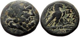 Bronze Æ
Phrygia, Amorion, First century BC, Laureate head of Zeus to right / Eagle standing to right on thunderbolt, kerykeion over shoulder; KΛEA t...