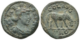 Bronze Æ
Troas, Alexandria (250-270 AD), COL TROA, turreted bust of Alexandria Troas right / COL AVG TRO, horse grazing right.
22 mm, 6 g ELK