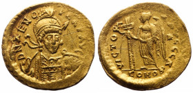 Solidus AV
Zeno (476-491), unidentified imperial mint, D N ZENO - PERP AVG, helmeted, pearl-diademed and cuirassed bust facing, holding spear and shi...