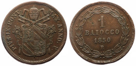 Italy, Papal States, 1 Baiocco (Bronze, 9.90g, 30mm) Pio IX
Obv: PIVS•IX•PONT• MAX•ANNO•V•, Legend around Papal arms.
Rev: 1 / BAIOCCO / 1850 / R, Val...